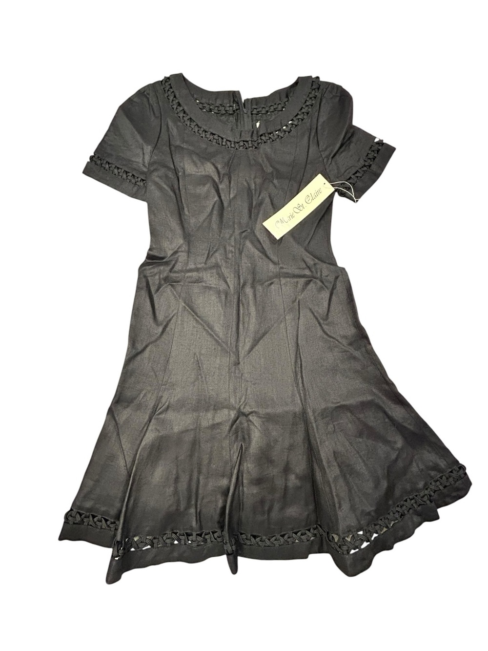 Marie St. Claire‎ Black Short Sleeve Fit-and-Flare Midi Dress Rope Trim NWT 6